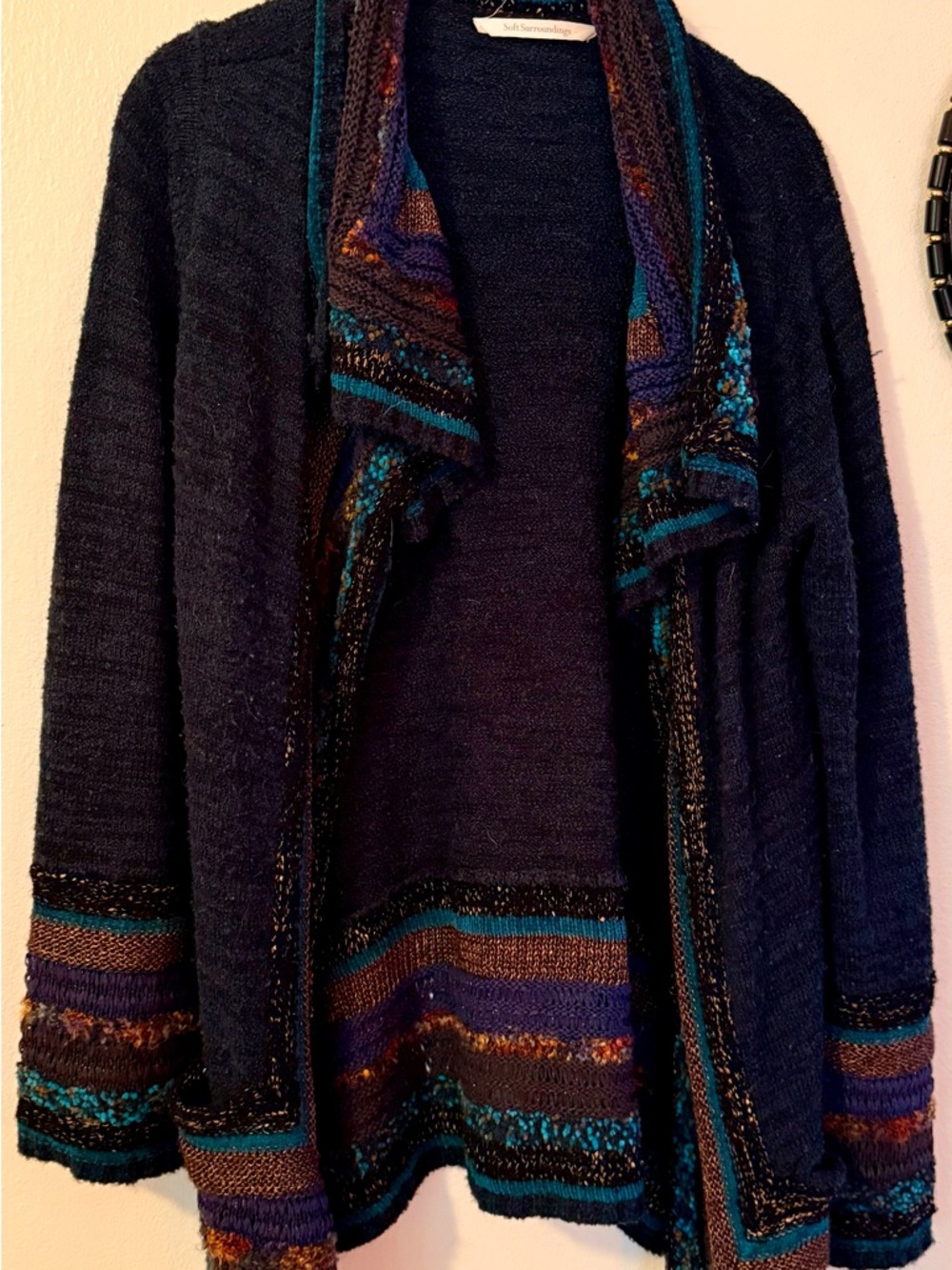 Soft Surroundings Navy Open-Front Cardigan with Teal & Purple Accents